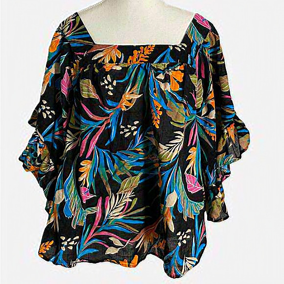 Terra & Sky Tops - Terra‎ & Sky Women Floral Square Neck Ruffle Sleeve Black artsy Top